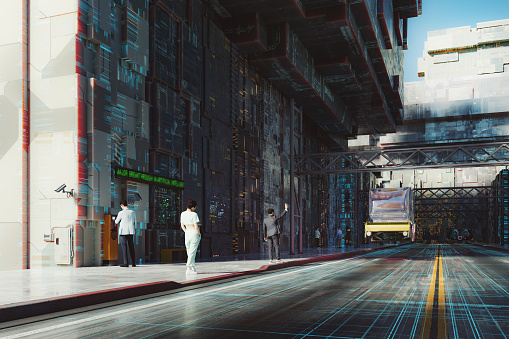 Futuristic city with people and driverless cars. 3D generated image.