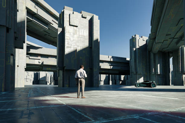 Futuristic city with businessman and driverless car