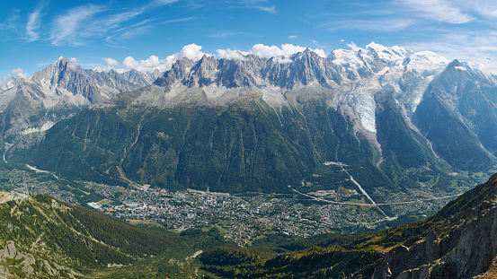 Panoramic view of the Mont Blanc mountain range and Chamonix, France