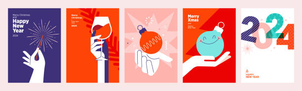 illustrazioni stock, clip art, cartoni animati e icone di tendenza di set di biglietti di auguri di buon natale e felice anno nuovo 2024 - mistletoe christmas vector party