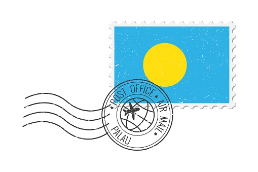 Palau grunge postage stamp. Vintage postcard vector illustration with Palauan national flag isolated on white background. Retro style.