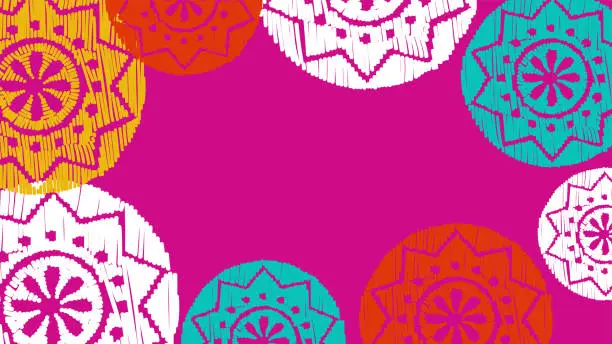 Vector illustration of Vector. Perforated color patterns, hand-drawn Papel Picado pattern. Hispanic Heritage Month. Floral pattern for web banner, poster, cover, splash, social network with copy space for your text.