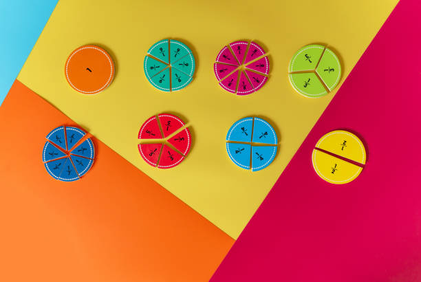 Colorful math fractions on yellow background. Interesting, fun math for kids. Education, back to school concept