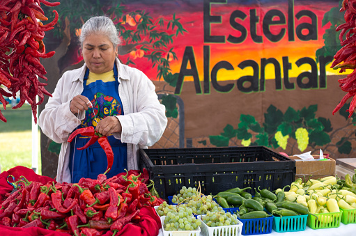 Los Alamos, NM: A vendor making a chili pepper ristra at at Los Alamos’ weekly Farmer's Market near Ashley Pond.