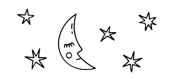 Hand drawn Halloween doodle moon and stars. Cute vector elements for Halloween design, prints, poster. Linear festive illustration. Black and white spooky elements. Trick or Treat concept