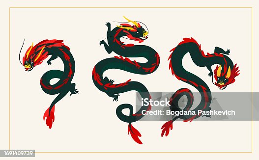 istock Happy Chinese New Year 2024. Set of vector illustrations of a green wooden dragons in flat hand drawn style. Postcard or poster design template. 1691409739
