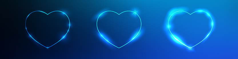Set of three neon frames in heart form with shining effects on dark blue background. Empty glowing techno backdrop. Vector illustration