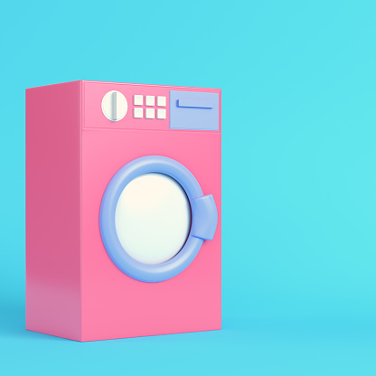 Pink washing mashine on bright blue background in pastel colors. Minimalism concept. 3d render