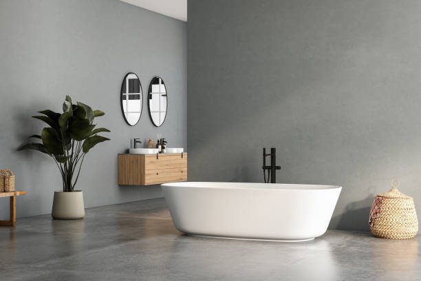 istock Modern bathroom interior with double sink and mirror, bathtub, plants. Bathing accessories and window in hotel studio. 1691450505