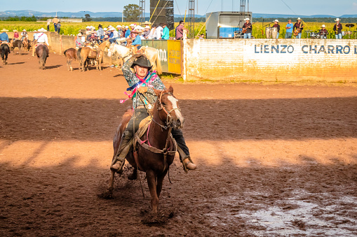Cowgirl riding a horse in a rodeo arena. About to barrel race.