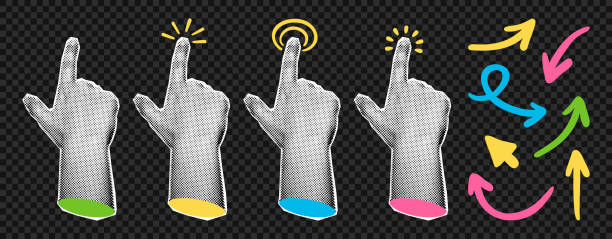 Collage element pointing hands and doodle arrows vector illustration Collage element with pointing hands and doodle arrows. Fingers touch, click or tap. Cut out shapes, hand gesture for grunge trendy design. Modern retro vector illustration, objects are isolated popart hand stock illustrations