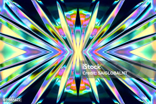 istock Flash image texture on black background with radial holographic neon metallic glow. 1691464622