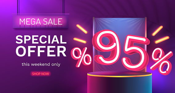 Mega sale special offer, Neon 95 off sale banner. Sign board promotion. Vector illustration