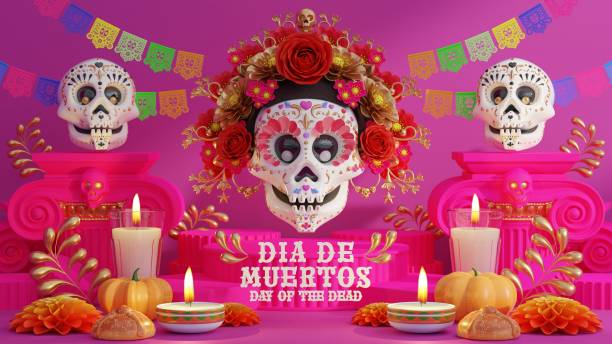istock 3d rendering illustration for Day of the Dead, Dia de muertos altar concept. Composition of cute sugar skulls, white candles, marigold flowers of the dead. 3d illustration. 1691483643