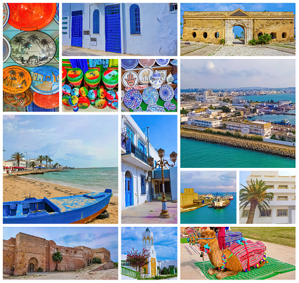 La Goulette, Tunisia: a path in a street with house and palms - collage