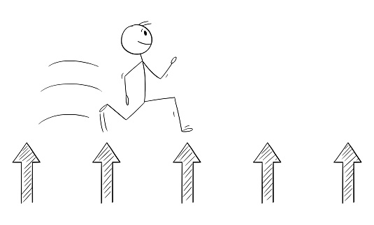 Businessman or person jumping over up arrows, vector cartoon stick figure or character illustration.
