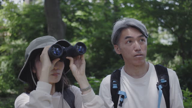 Japanese couple documents their birdwatching journey in a shared notebook amidst the tranquility of a forest.