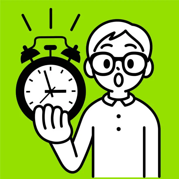 Vector illustration of A studious boy with Horn-rimmed glasses showing an alarm clock, looking at the viewer, a minimalist style, black and white outline, Time for Knowledge, Awakening Wisdom, Rise and Learn, The Discipline of Time