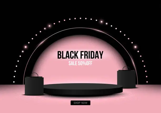 Vector illustration of Black Friday Sale, Circle pedestal with Bag shopping on black and pink studio background. Stage empty for Product, Advertising, Show, Award. Vector illustration.