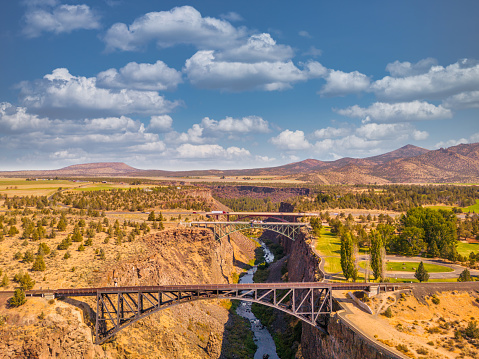 An aerial view of Crooked River High Bridge in Terrebonne Oregon. Both bridges are visible ,