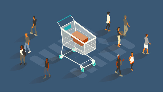 10 people walk away from an oversized shopping cart, abandoning merchandise illustrated as unidentifiable brown packages. Isometric vector illustration presented on a desaturated blue background in a 16x9 artboard.