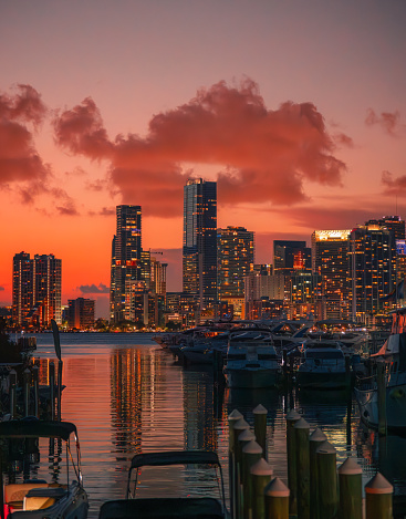 country skyline at sunset marina skyscrapers Brickell Miami in Miami, Florida, United States
