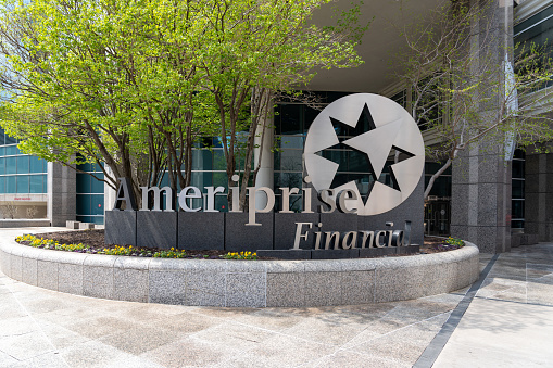 Ameriprise Financial logo sign at headquarters in Minneapolis, Minnesota, USA, May 5, 2023. Ameriprise Financial, Inc. is an American financial services company and bank holding company.