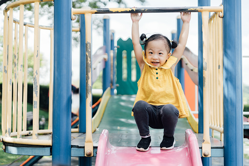 n the vibrant world of the playground, a spirited 3-year-old Chinese baby girl is captured in a moment of pure joy. With her eyes shining bright and a radiant smile, she explores the playground's wonders, embracing the thrill of swings, slides, and laughter-filled adventures. Her boundless energy and curiosity create a heartwarming scene that epitomizes the essence of childhood wonder and play.