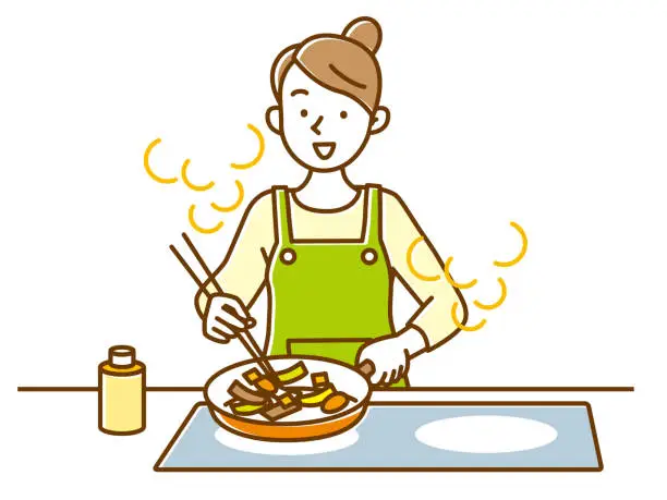 Vector illustration of A young woman happily cooking with an IH cooking heater