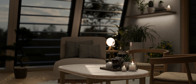 A coffee table with a coffee cup, candles, and a potted plant in a modern and comfortable living room at night. 3d render, 3d illustration