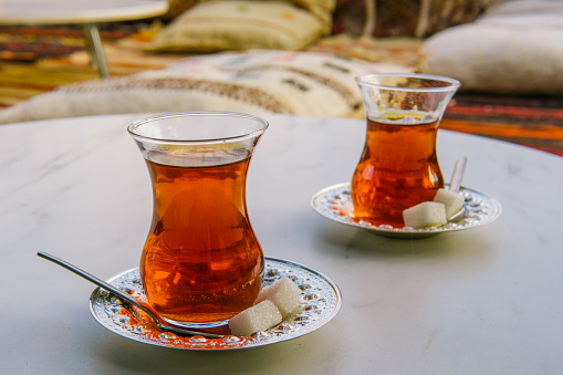 Traditional Turkish tea party for two in the city of Urgup in Ürgüp, Nevşehir, Türkiye