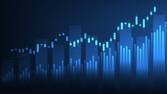 Financial business statistics with bar graph and candlestick chart show stock market price on dark background