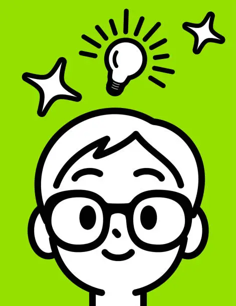 Vector illustration of A studious boy with Horn-rimmed glasses has an idea, minimalist style, and black and white outline