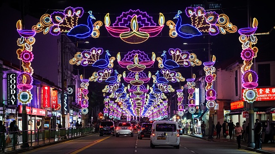 Singapore, Singapore – September 16, 2023: Deepavali decorations 2023 at Serangoon Road, Little India, Singapore