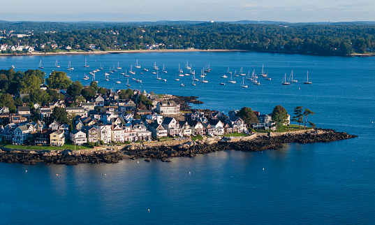 Aerial view of homes on the coast of Salem Massachusetts