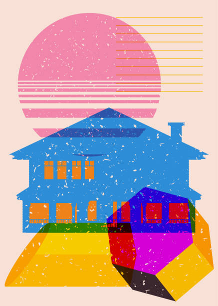 istock Risograph Halloween Abandoned Ghost House and geometric shapes. Object in trendy riso graph design. Geometry elements abstract print texture style. 1691618231