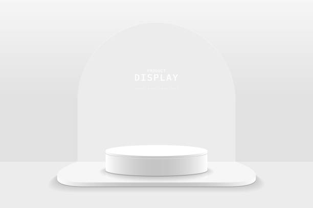 istock 3D white cylinder podium pedestal realistic in clean room and arch shape. Minimal wall scene for mockup. Showcase. 3D vector geometric forms. Product display stand for presentation or promotion. 1691621430