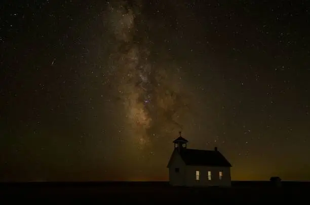 Photo of Abbott Church in Lindon, Utah with starry night sky with a stunning Milky Way backdrop