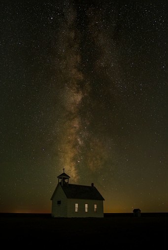The Abbott Church in Lindon, Utah with starry night sky with a stunning Milky Way backdrop