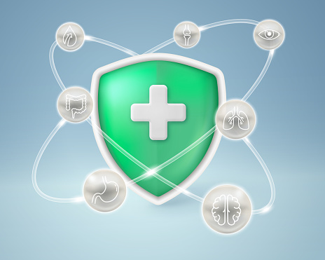 Health care icons Medical shield and insurance to protect against diseases such as brain, intestinal, stomach, bone, and lung diseases. Vector illustration file.