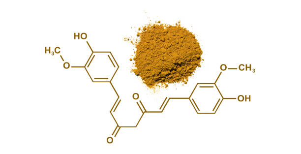 istock Organic Curcuma Powder with molecular structure, cosmetic chemical ingredient on white laboratory table. 1691636257