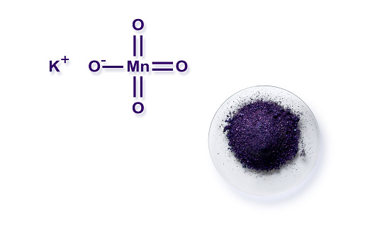 Potassium permanganate (KMnO4) with chemical structure , a common chemical compound that combines manganese oxide ore with potassium hydroxide.