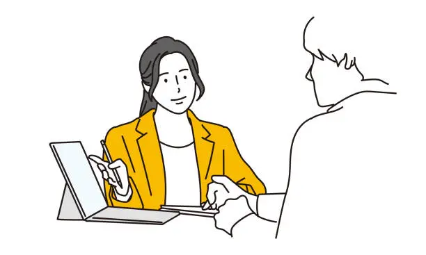 Vector illustration of Asian business woman explaining using a tablet
