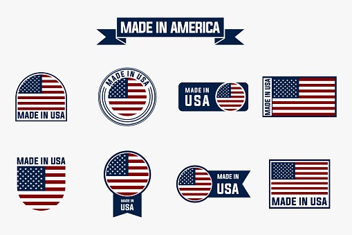 made in usa label signs collection. America flag vector illustration set.