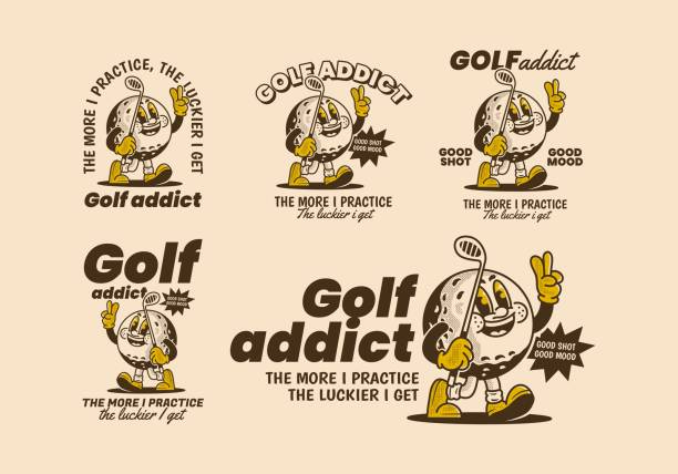 Golf addict. The more I practice, the luckier I get. Vintage mascot character illustration of golf ball holding a golf stick