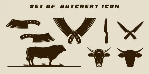 Vector illustration of set of isolated butchery icon vector illustration template graphic design. bundle collection and various knife cow buffalo crossed knife concept for farm ranch business