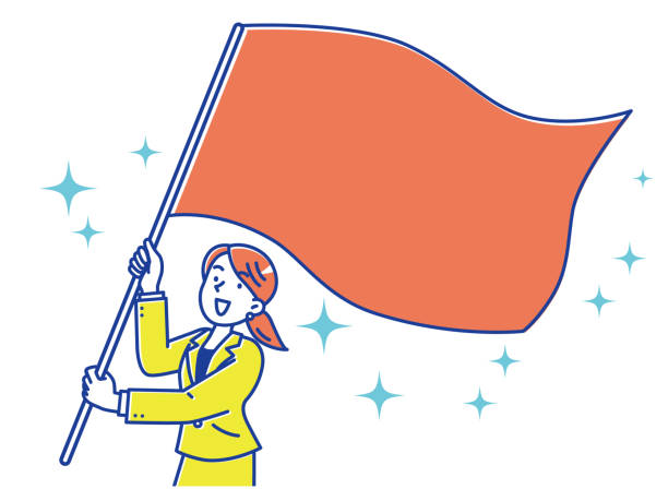 junge frau im anzug, die eine große fahne schwenkt - flag bearer stock-grafiken, -clipart, -cartoons und -symbole