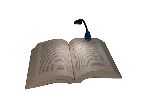 an open book with reading light on a transparent background