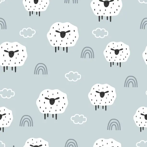 Vector illustration of Sheep with rainbow in the sky seamless pattern. animal cartoon background Hand drawn design in children's style