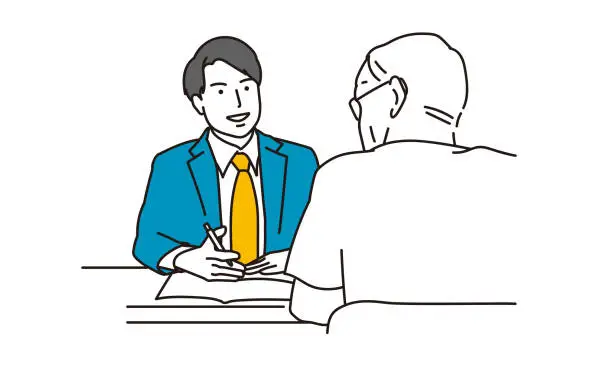 Vector illustration of Asian businessman explaining to elderly people